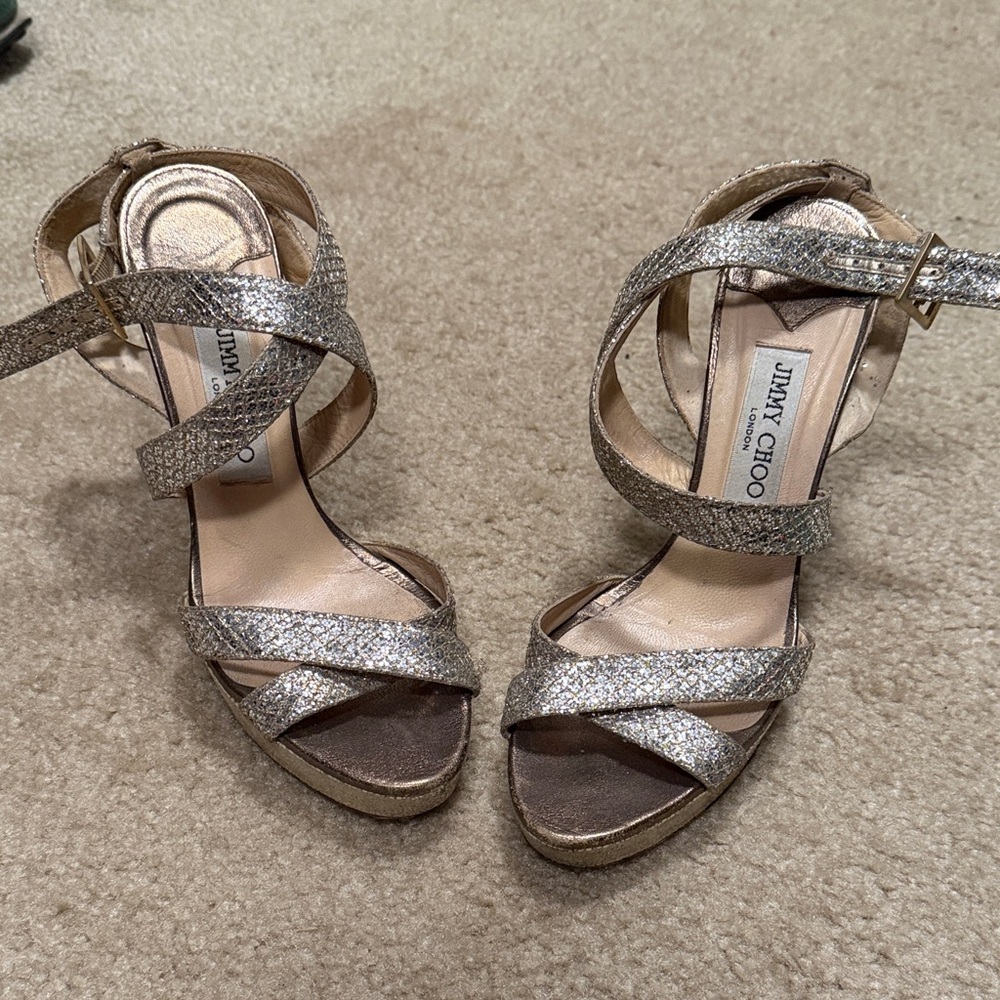 Jimmy Choo Metallic Strappy Platform Heels